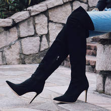 Roni Bouker-Botas por encima de la rodilla de cuero genuino para mujer, zapatos sexys de Punta puntiaguda, bota alta hasta el muslo, color negro, otoño e invierno, 42 2024 - compra barato