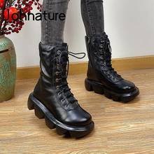 Johnature 2022 New Winter Shoes Women Boots Genuine Leather Lace-Up Wedges Handmade Round Toe Zip Fashion Ankle Platform Boots 2024 - buy cheap