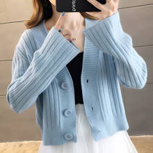 DTSTARZG короткий рукав вязаный свитер кардиган женский 2020 корейский милый v-образный вырез на пуговицах пальто Женский Повседневный синий свитер 2024 - купить недорого