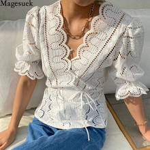 Korean Chic Crocheted Hollow Shirt Fashion V-neck Short Sleeve Slim Waist Design Lace Women Blouses New Lace-up Women Tops 14588 2024 - buy cheap