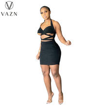 VAZN 2021 Top Quality Sweet Hollow Out Bandage Cross Sexy Solid Halter Off Shoulder High Waist Women's Thin Mini Dress 2024 - buy cheap