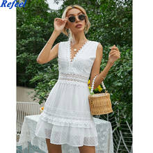 Sexy V-neck White Stitching Mini Dress Casual Sleeveless Lace Summer Women Beach Dress Backless Embroidered A-line Cotton Dress 2024 - buy cheap