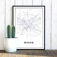 Póster de mapa de Minsk en blanco y negro para decoración del hogar, Impresión de mapa de carretera de Bielorrusia, arte de pared moderno, pintura de imagen 2024 - compra barato