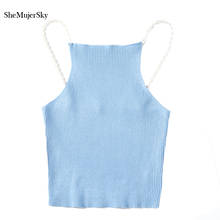 SheMujerSky Beading Spaghetti Strap Top Women Solid Color Knitted Elastic Tops 2020 Summer Cropped Top 2024 - buy cheap