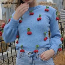 Hand Knitted Cherry Embroidered Sweater Long Sleeve O Neck Mohair Casual Loose Pullover Fall Autumn Winter Knitted Ladies Jumper 2024 - buy cheap