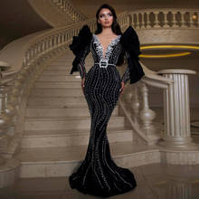 Vintage Black Rhinestone Mermaid Evening Dresses 2021 Shiny Beaded Long Prom Gowns Full Sleeves Ruffles Vestidos De Noite 2024 - buy cheap