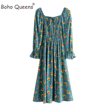 Boho Queens Women Floral Print Off Shoulder Beach Bohemian Midi Sundress Ladies Long Sleeve  Cotton Happie Dress Vestidos 2024 - buy cheap