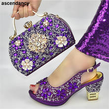 Nova chegada roxo italiano senhoras sapatos e bolsa conjunto decorado com strass africano sapatos de correspondência e sacos italianos em mulher 2024 - compre barato