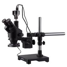 Microscópio amescopo 7x-45x com zoom estéreo trinocular, suporte de braço único, com anel de luz led e câmera de gravação hd 2024 - compre barato