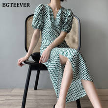 Платье-трапеция BGTEEVER женское винтажное в горошек, элегантное зеленое средней длины с V-образным вырезом и Боковым Разрезом, с пышными рукавами, лето 2021 2024 - купить недорого