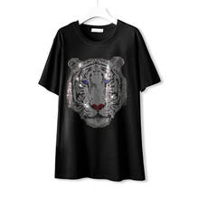 Летняя футболка с рисунком тигра и горячими бриллиантами, женская футболка с короткими рукавами, новая уличная мода, повседневные свободные черные длинные топы с круглым вырезом, женские 2024 - купить недорого