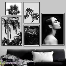 Черный, белый цвет мода девушка завод настенный художественный холст картины монстера пальмовых листьев плакаты с деревом и принты модульные картины для гостиной 2024 - купить недорого