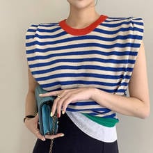 2022 summer striped t-shirt women hit color stitching sleeveless knitted top tees 2024 - buy cheap