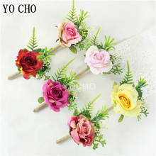 YO CHO-Boutonniere y ramillete de muñeca para hombre, flor Artificial de seda rosa, pulsera para chica de boda, broche, alfileres para novio 2024 - compra barato