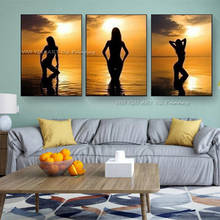 100% Hand Painted Modern Abstract Canvas Art Oil Painting Pictures on the Wall 3 Panel Sunset Beach Sexy Nude Girl 2024 - buy cheap