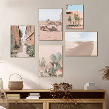 Pintura sobre lienzo de paisaje para pared, carteles nórdicos e impresiones para decoración artística de sala de estar y dormitorio, cactus rosa, camello del desierto de Marruecos 2024 - compra barato