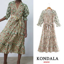 KONDALA-vestido Za de gasa con estampado Floral para mujer, vestido ajustado de manga larga con lazo, escote en V, 2021 2024 - compra barato