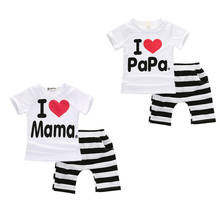 Conjunto de ropa Unisex para bebés de 0 a 24 meses, camiseta blanca con letras I Love Papa Mama, Tops, pantalones largos a rayas, conjunto para bebés 2024 - compra barato