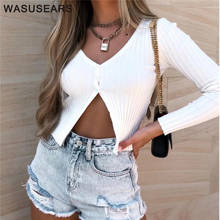Long sleeve crop top knitted sweater v neck black cropped cardigan women ribbed cardigan top slim korean autumn 2020 button up 2024 - buy cheap