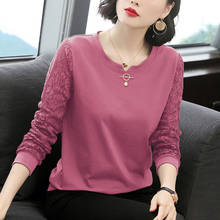 Camisas de renda estilo outono primavera feminina elegante gola redonda bordada cor sólida top casual dd8326 2024 - compre barato