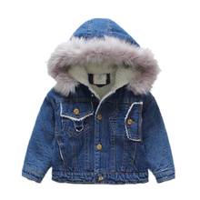 Casaco denim de pelúcia, casaco de algodão grosso com gola grande de lã para garotos e garotas de outono e inverno para crianças 2024 - compre barato