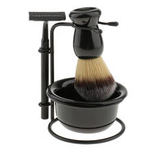 Suporte de barbear 4 em 1 para homens, suporte preto + escova de barbear + tigela + lâmina de barbear de segurança, kit de barbear durável para casa, viagem, uso profissional