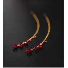 DMBS253 Faceted Ruby Tassel Earline Female Day Genuine Yellow 18K Gold Long Earring Gift 2024 - buy cheap
