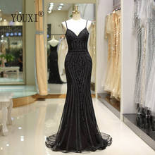 YOUXI-Vestido largo de noche negro con cuentas y cristales, traje Sexy de sirena con cuello en V para fiesta, talla grande, 2020 2024 - compra barato