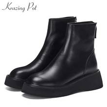 krazing pot new high quality thick bottom genuine leather boots round toe high heels women fashion winter Zipper ankle boots L61 2024 - buy cheap