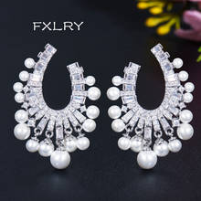 FXLRY Luxury White Color Cubic Zircon Fashion Pearl Hollow big Earrings For Women Wedding Jewelry 2024 - buy cheap