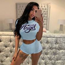 Lovely Angel Letter Print 2 Piece Sets Sexy Short Sleeve Cropped T-shirts and Shorts Sets Two Piece Set Female Beach Outfit New 2024 - buy cheap