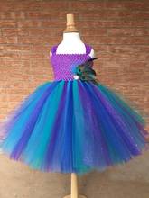 Vestido con tutú de flores y plumas de pavo real para niñas, vestido de tul con purpurina de ganchillo, disfraz de fiesta de cumpleaños para niños, disfraces de Cosplay 2024 - compra barato