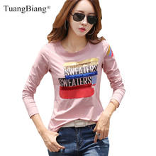TuangBiang 2022 Spring O-neck Sequined Cotton T-Shirts Women Letter Print Long Sleeve Slim T Shirts Rainbow Colors Fashion Tops 2024 - buy cheap