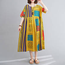 Summer Beach Dresses Vintage Women Cotton Linen Sundress Geometric Print O Neck Half Sleeve Pocket Loose Casual Baggy Vestidos 2024 - buy cheap