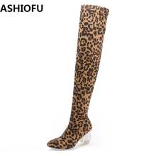 Ashiofu novas senhoras botas de salto alto sexy clube leopardo coxa botas altas inverno fino moda noite sobre o joelho botas sapatos 2024 - compre barato
