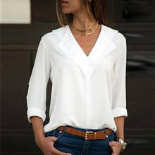 White Blouse Long Sleeve Chiffon Blouse Double V-neck Women Tops and Blouses Solid Office Shirt Lady Blouse Shirt Blusas Camisa 2024 - buy cheap