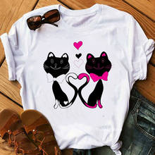 Camiseta feminina estampa de gato preto, adorável, rosa, laço amor, femme, camiseta, verão, moda feminina, roupas harajuku, kawaii 2024 - compre barato