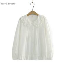 Женская хлопковая блузка с длинным рукавом, повседневная однотонная белая блузка с оборками и воротником-стойкой, корейский стиль, лето 2021 2024 - купить недорого