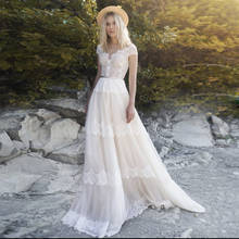 Bohemian Beach Wedding Dress 2021 A-Line Cap Sleeve Lace Appliques Belt Button Sweep Train Tulle Bridal Gown Vestidos De Noiva 2024 - buy cheap