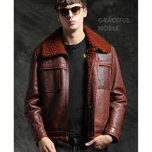 Casaco de pele de carneiro masculino, jaqueta quente de couro legítimo marrom de qualidade com pele de carneiro 2024 - compre barato
