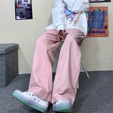 Rosa de cintura alta calças de perna larga coreano retro cor sólida solto casual straight-leg calças com cordão streetwear 2024 - compre barato