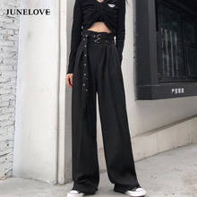 Pantalones rectos de pierna ancha para mujer, ropa de calle coreana, pantalones holgados informales de cintura alta, color negro, estilo Harajuku 2024 - compra barato