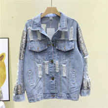 Korean Sequins Washed Blue Hole Denim Coat Women Loose Vintage Casual Casual Jean Jacket Long Sleeve Female Spring Basic Coat 2024 - buy cheap