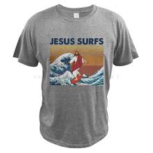 Jesus Surfs T Shirt Funny Surfing Summer Ocean Beach God Jesus Bible Mashup Digital Print Crew Neck Parody T-Shirt 2024 - buy cheap