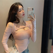 2021 New Knitted Bottoming Shirt Sweater Shoulder Hanging Neck Tight-Fitting Short T-shirt With Long-Sleeved Top Female Knitwear 2024 - buy cheap