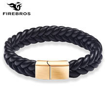 FIREBROS 2022 Gold Stainless Steel Magnet Buckle 12mm Black Sheepskin Braided Genuine Leather Bracelet Men Jewelry Dropshipping 2024 - buy cheap