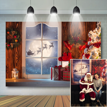 Fondo fotográfico con ventana y Luna para fiesta de Navidad, telón de fondo con árbol de Navidad, calcetines rojos, banderines de renos, Photocall 2024 - compra barato