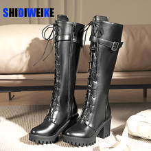 2021 New Combat Boots ladies Lace Up Gothic Black Sock Platform Boots Leather Motorcycle Knees High Boots Women Shoes Botas Muje 2024 - buy cheap