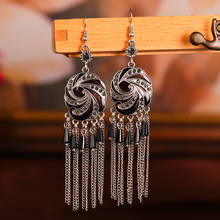 Retro Ethnic Sun Eyes Black Rhinestone Dangle Hanging Earrings For Women 2020 Boho Long Chain Tassel Indian Jhumka Ear Jewelry 2024 - buy cheap