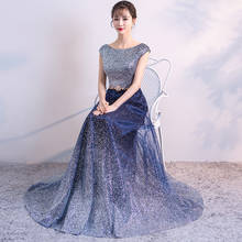 Changing Blue Chinese Evening Dress Long Cheongsam China Sleeveless Modern Host Party Gown Qi Pao Women Oriental Wedding Gowns 2024 - buy cheap